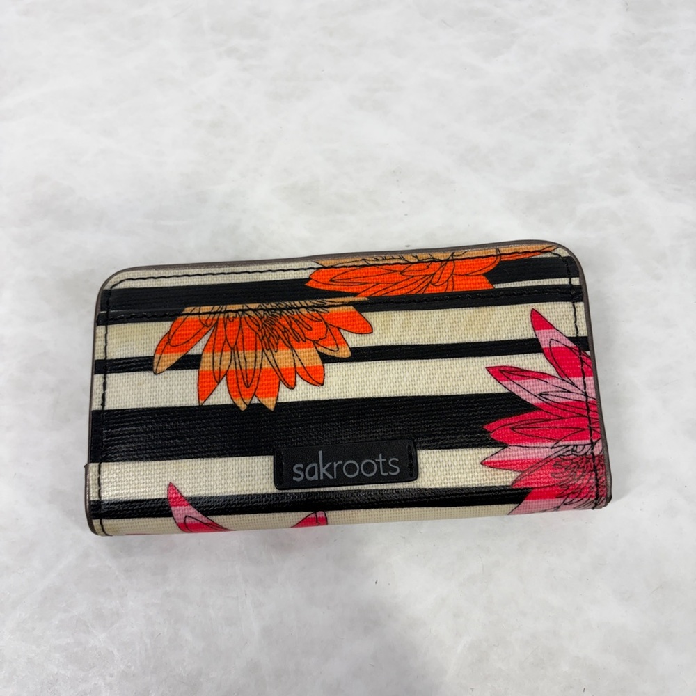 Sakroots Striped Floral Wallet - Black, Cream, Pink & Orange